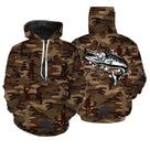 Sweat capuche zippé pêche camouflage marron brochet silhouettes pêcheurs prénom personnalisé