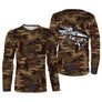 T-shirt pêche enfant manches longues camouflage marron brochet silhouettes pêcheurs prénom