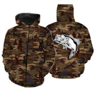 T-shirt pêche unisexe manches longues camouflage marron bar bondissant silhouettes pêcheurs marin
