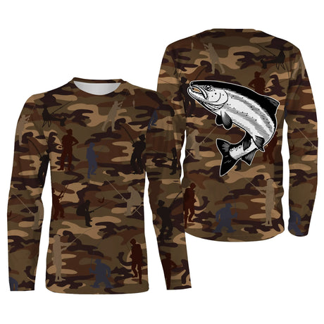 Anti-UV t-shirt manches longues pêche camouflage marron saumon salmonidé silhouettes pêcheurs