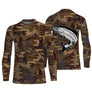 T-shirt pêche all-over col rond camouflage marron saumon bondissant silhouettes pêcheurs
