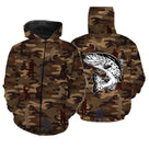T-shirt pêche unisexe manches longues camouflage marron truite bondissante silhouettes pêcheurs
