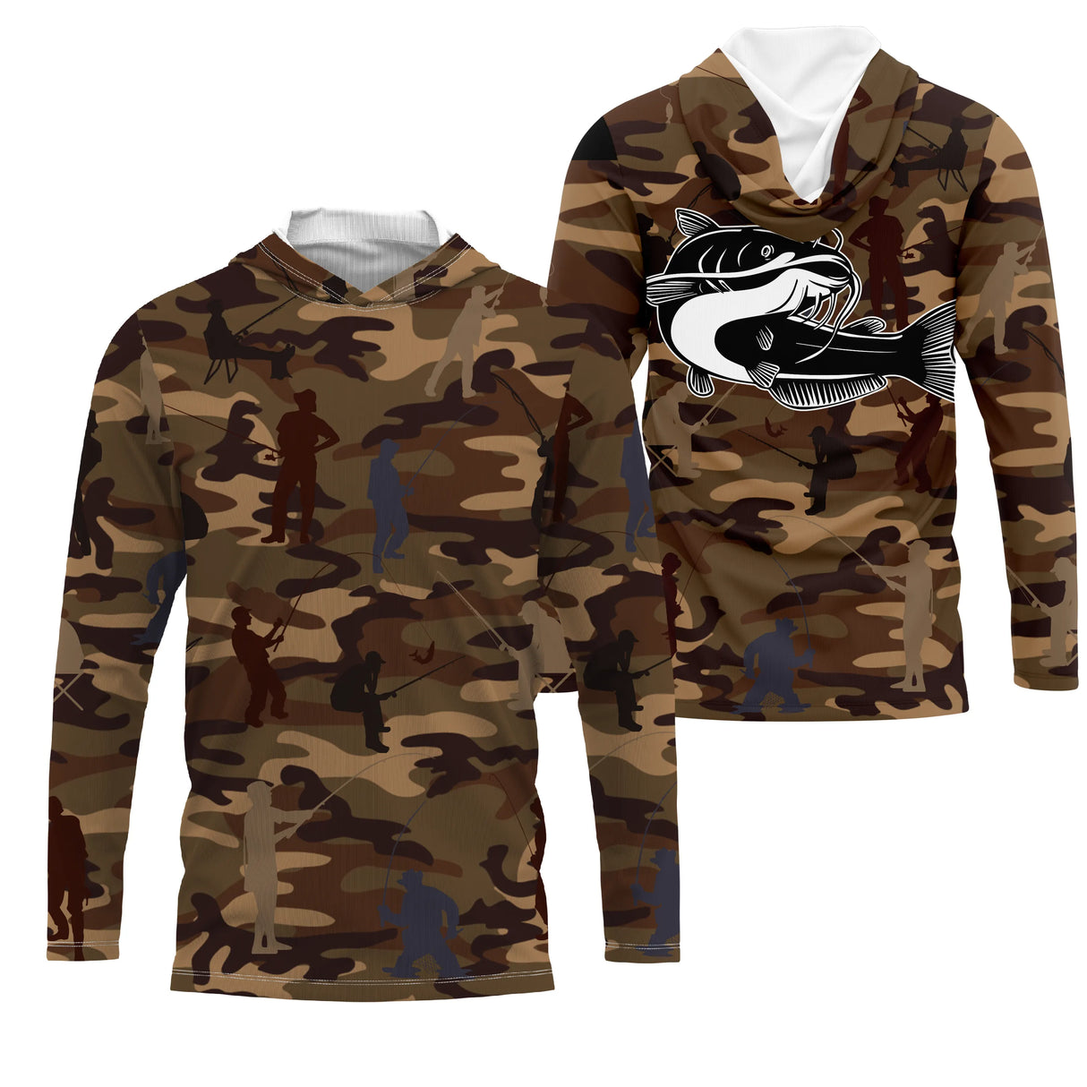 Sweater pêche unisexe camouflage marron silure catfish silhouettes pêcheurs tissu doux