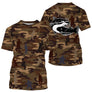 T-shirt pêche all-over col rond camouflage marron beige silure catfish émergeant des eaux silhouettes pêcheurs