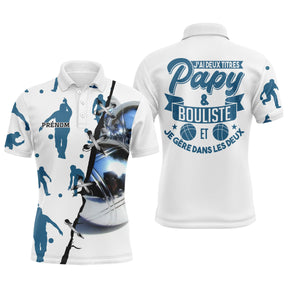 Polo pétanque blanc et bleu silhouettes joueurs lancer boule réaliste message j'ai deux titres papy bouliste PRÉNOM