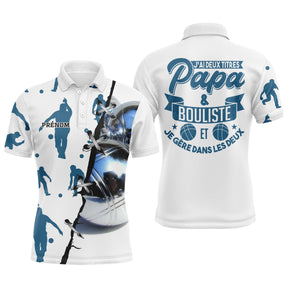 Polo papa bouliste personnalisé blanc avec silhouettes joueurs bleus et slogan « Papa & Bouliste »