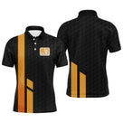 Polo golf homme noir et jaune bandes verticales orangées badge balle de golf vue avant