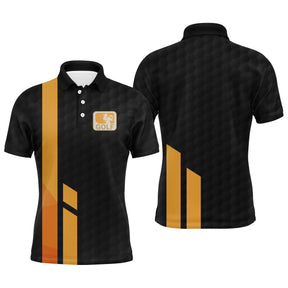 Polo golf homme noir et jaune bandes verticales orangées badge balle de golf vue avant