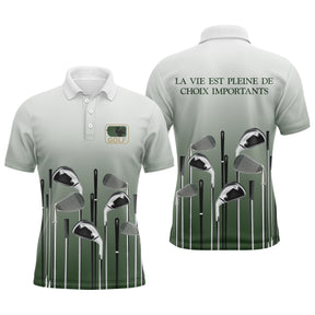 Polo golf homme dégradé blanc vert sapin clubs alignés badge golf coupe ajustée vue avant