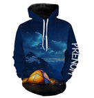T-shirt variante manches longues all-over aventure nocturne ciel étoilé et tente orange, prénom p