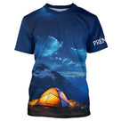 T-shirt variante manches longues all-over aventure nocturne ciel étoilé et tente orange, prénom p