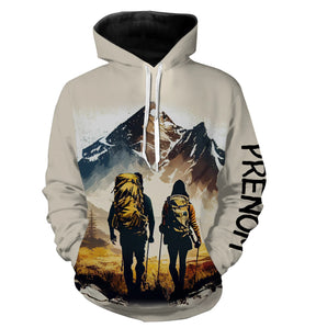 T-shirt variante all-over duo de randonneurs en montagne avec sacs à dos, prénom personnalisé