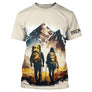 T-shirt unisexe all-over duo de randonneurs en montagne avec sacs à dos, prénom personnalisé