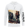 T-shirt randonnée blanc all-over unisexe avec duo randonneurs sur sentier de montagne, prénom personnalisé