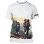 T-shirt randonnée blanc all-over unisexe avec duo randonneurs sur sentier de montagne, prénom personnalisé
