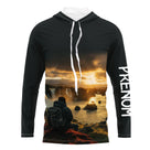T-shirt randonnée noir all-over unisexe avec contemplation cascade et coucher de soleil, prénom personnalisé