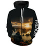 T-shirt randonnée noir all-over unisexe avec contemplation cascade et coucher de soleil, prénom personnalisé