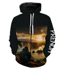 T-shirt randonnée noir all-over unisexe avec contemplation cascade et coucher de soleil, prénom personnalisé