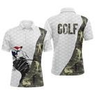 Polo golf homme blanc camouflage vert kaki silhouette golfeur swing inscription GOLF vue avant