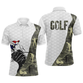 Polo golf homme blanc camouflage vert kaki silhouette golfeur swing inscription GOLF vue avant