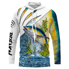 Anti-UV manches longues t-shirt pêche thon vert turquoise, vêtement pêcheur au gros personnalisé