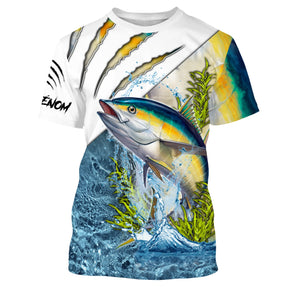 T-shirt pêche thon vert eau bleu avec illustration réaliste de thon en plein saut, lettrage Venom et prénom imprimé