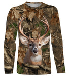 T-shirt chasse all-over camouflage automne unisexe avec cerf majestueux frontal dans la forêt