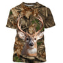 T-shirt chasse all-over camouflage automne unisexe avec cerf majestueux frontal dans la forêt