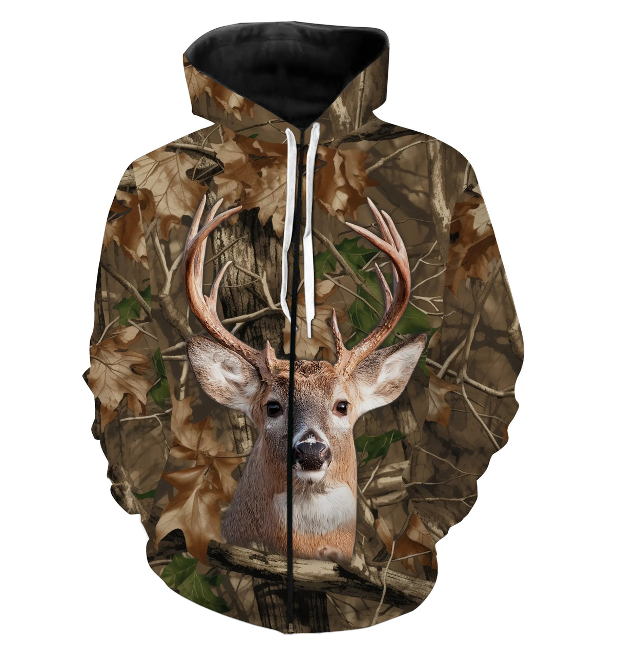 T-shirt chasse all-over camouflage automne unisexe avec cerf majestueux frontal dans la forêt