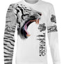T-shirt all-over blanc unisexe avec tigre rugissant noir et blanc et inscription Tiger faune sauvage