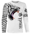 T-shirt all-over blanc unisexe avec tigre rugissant noir et blanc et inscription Tiger faune sauvage