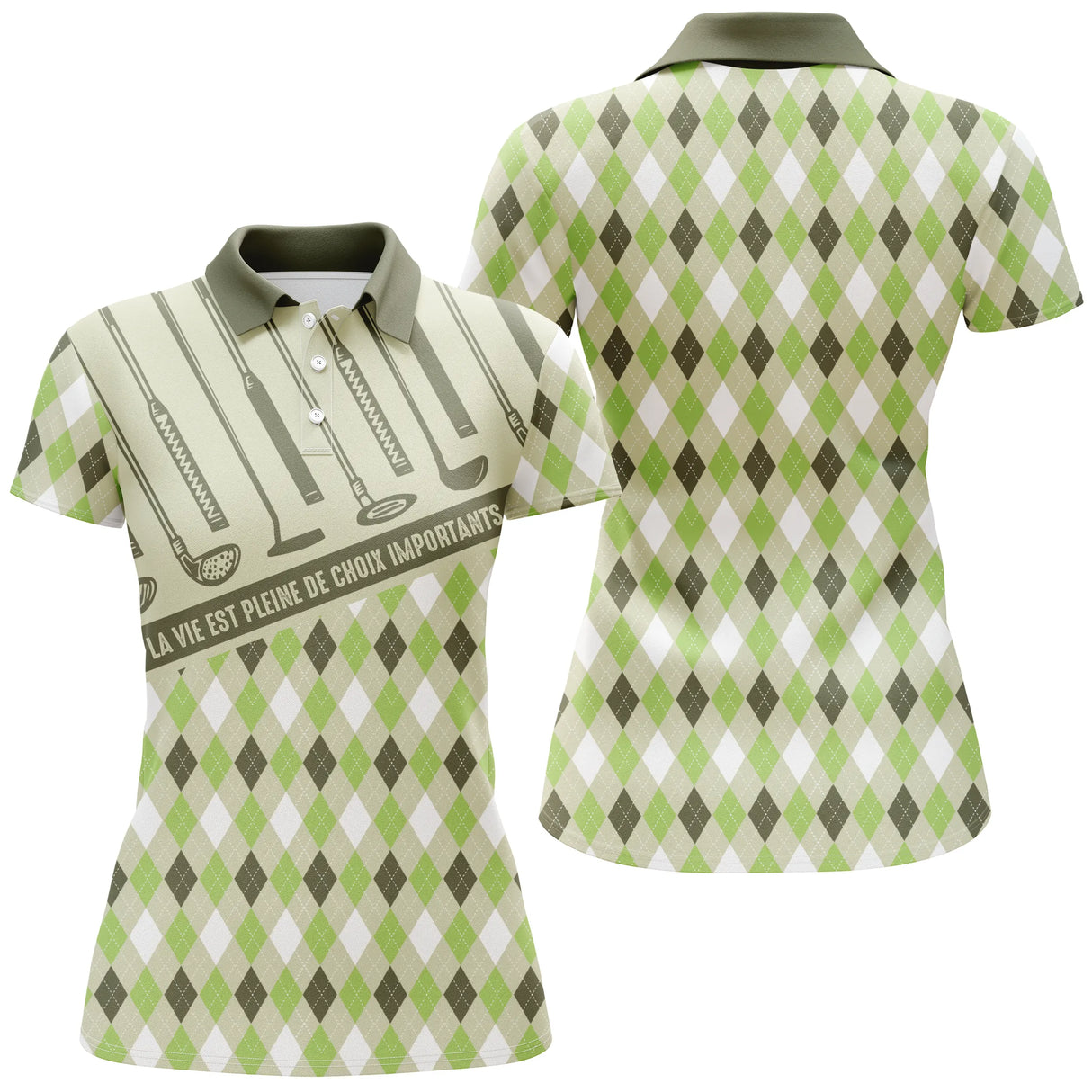 Polo golf vert argyle losanges sauge mousse blanc cassé motif country club