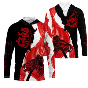 Hoodie pêche rouge noir poissons stylisés slogan ici poisson all-over vue avant
