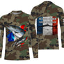 Maillot pêche saumon UV all-over camouflage motif saumon drapeau tricolore Né pour pêcher pêcheur prénom personnalisé