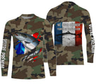 Maillot pêche saumon UV all-over camouflage motif saumon drapeau tricolore Né pour pêcher pêcheur prénom personnalisé