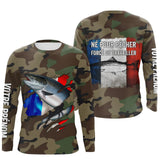 Hoodie pêche saumon UV all-over camouflage forêt motif saumon argenté drapeau France pêcheur prénom personnalisé