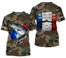 Maillot UV manches longues pêche saumon all-over camouflage forêt motif saumon drapeau tricolore prénom personnalisé