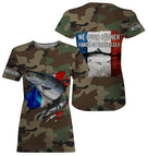 T-shirt UV pêche saumon all-over camouflage forêt motif saumon drapeau France Né pour pêcher prénom personnalisé