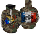 Sweat UV pêche carpe all-over camouflage forêt motif carpe miroir dorée drapeau France Né pour pêcher prénom personnalisé