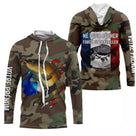 Sweat UV pêche carpe all-over camouflage forêt motif carpe miroir dorée drapeau tricolore prénom personnalisé carpiste
