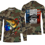 Maillot UV manches longues pêche carpe all-over camouflage forêt motif carpe miroir drapeau France prénom personnalisé