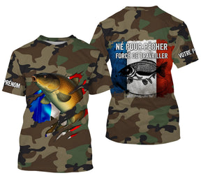 Hoodie pêche carpe UV all-over camouflage forêt motif carpe dorée drapeau France pêcheur prénom personnalisé