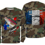 Maillot pêche truite UV all-over camouflage motif truite drapeau tricolore Né pour pêcher pêcheur prénom personnalisé