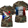 T-shirt manches longues pêche truite UV camouflage forêt motif truite drapeau France pêcheur prénom personnalisé