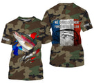 T-shirt manches longues pêche truite UV camouflage forêt motif truite drapeau France pêcheur prénom personnalisé