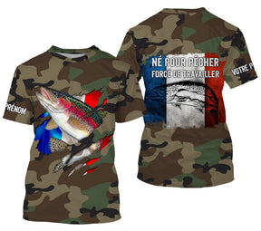 T-shirt manches longues pêche truite UV camouflage forêt motif truite drapeau France pêcheur prénom personnalisé