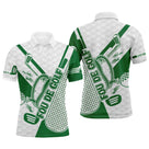 Polo de golf personnalisé vert et blanc avec motifs clubs et balles de golf imprimés all-over, coupe homme