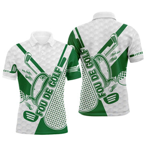 Polo de golf personnalisé vert et blanc avec motifs clubs et balles de golf imprimés all-over, coupe homme