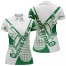 Polo de golf femme vert et blanc avec motifs balles et clubs de golf, coupe ajustée féminine