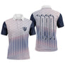 Polo de golf personnalisé homme rayures verticales bleu marine rouge et blanc avec clubs de golf alignés